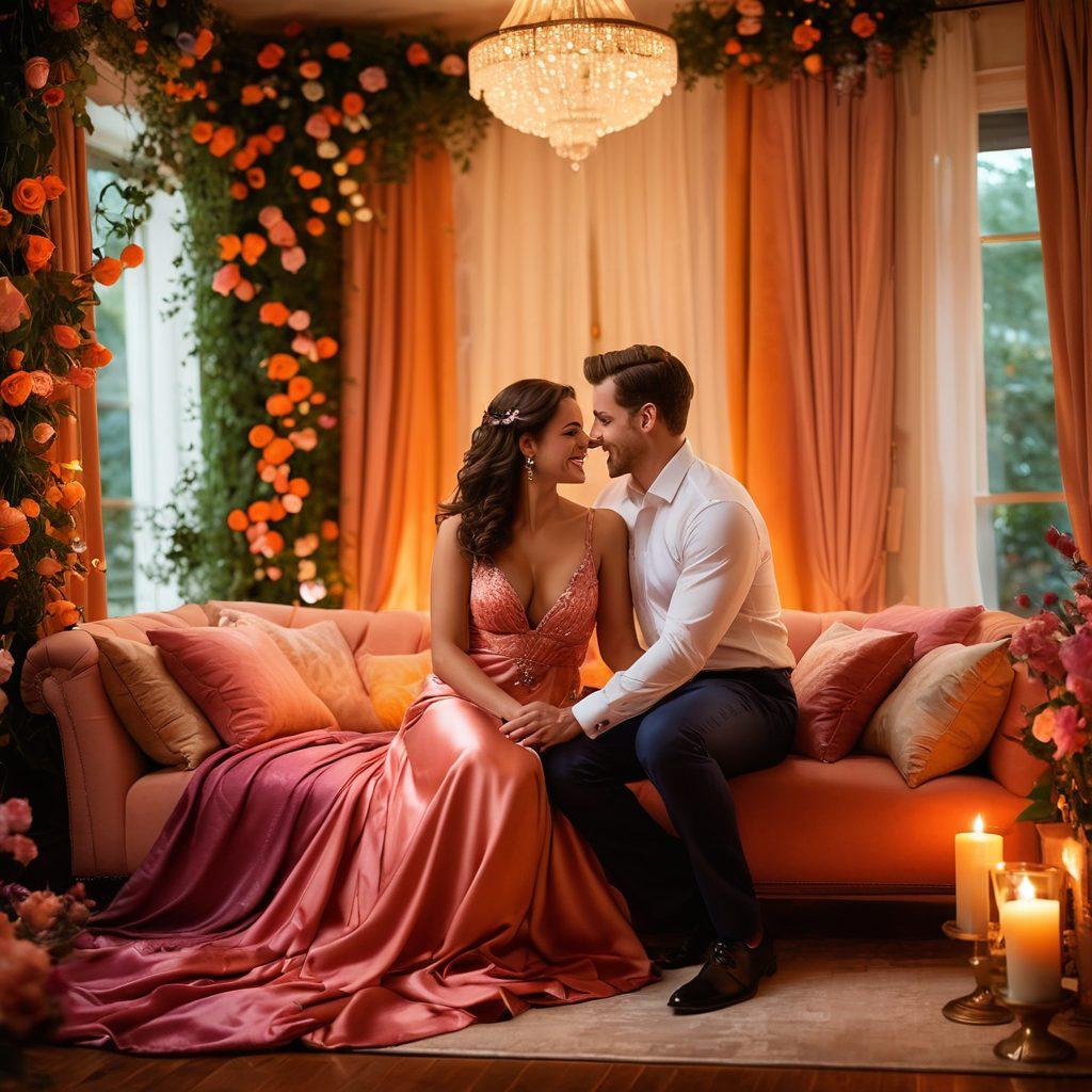 A vibrant, colorful scene of an intimate and joyful gathering, featuring diverse couples sharing playful moments, laughter, and warmth. Surrounding them are beautifully designed elements that symbolize ecstasy and connection, like soft candlelight, sensual fabrics, and flowers in bloom. The background should be a softly lit, cozy room that evokes feelings of safety and intimacy. The overall atmosphere should convey blissful exploration, trust, and pleasure. super-realistic. vibrant colors. warm lighting.