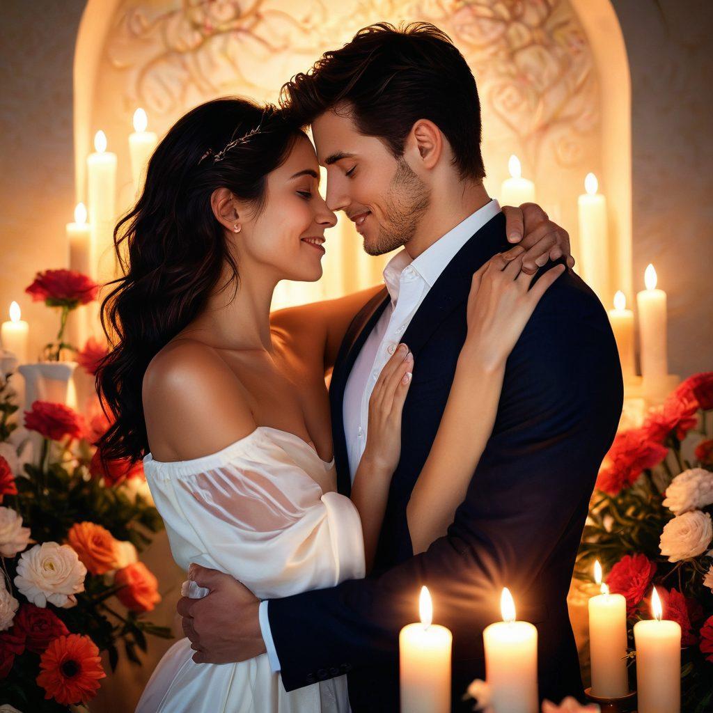 A serene, intimate setting featuring a couple embracing in soft, warm light, surrounded by symbols of joy like flowers and candles. Their expressions radiate delight and connection, while subtle hints of abstract shapes swirl in the background, representing the elevation of intimacy. The overall atmosphere is inviting and warm, evoking feelings of love and happiness. super-realistic. vibrant colors. soft focus.